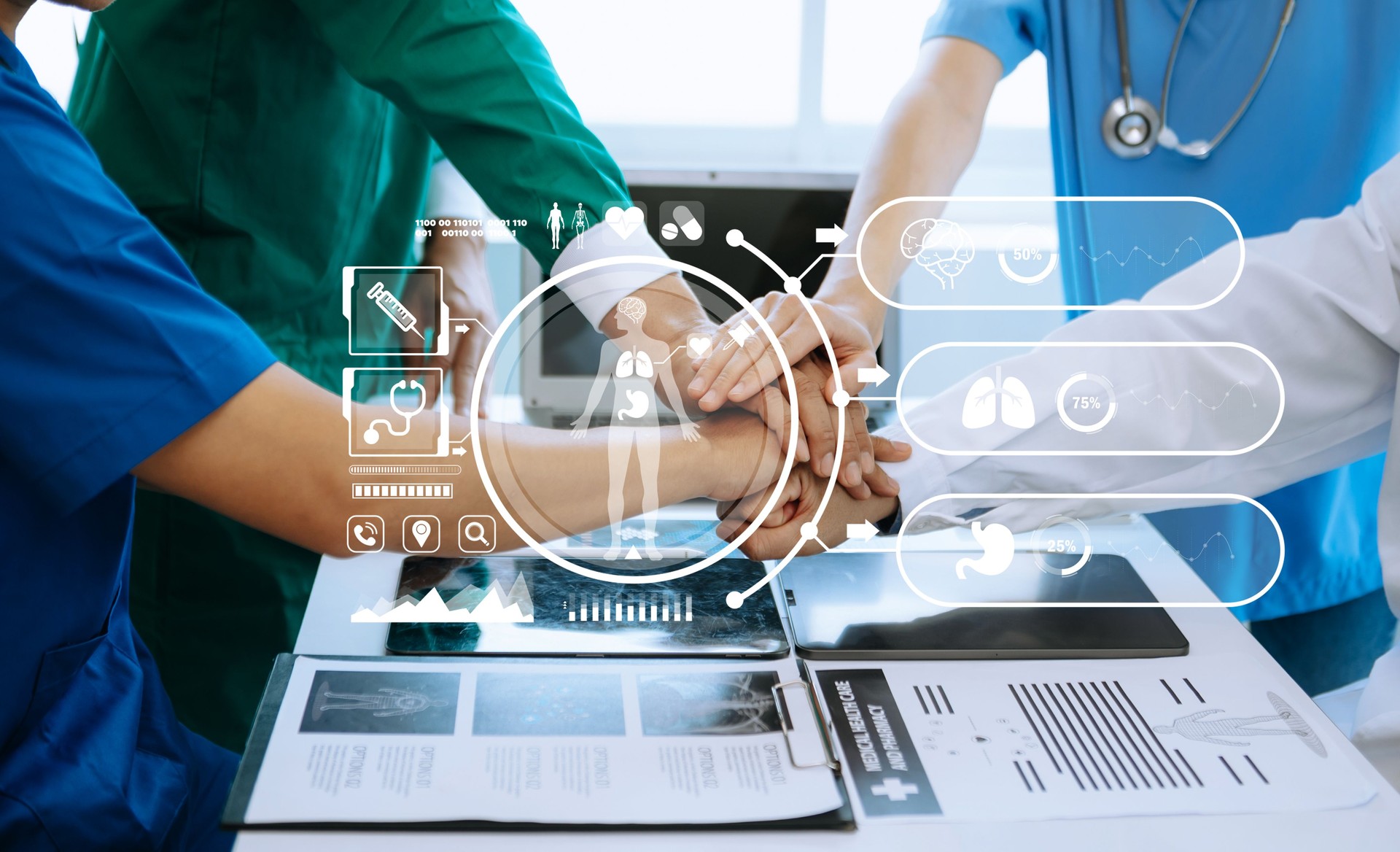 Medical technology network team meeting concept. Doctor hand working with smart phone modern digital tablet and laptop computer with graphics chart interface, with virtual icon diagram